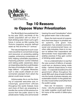 Top 10 Reasons to Oppose Water Privatization