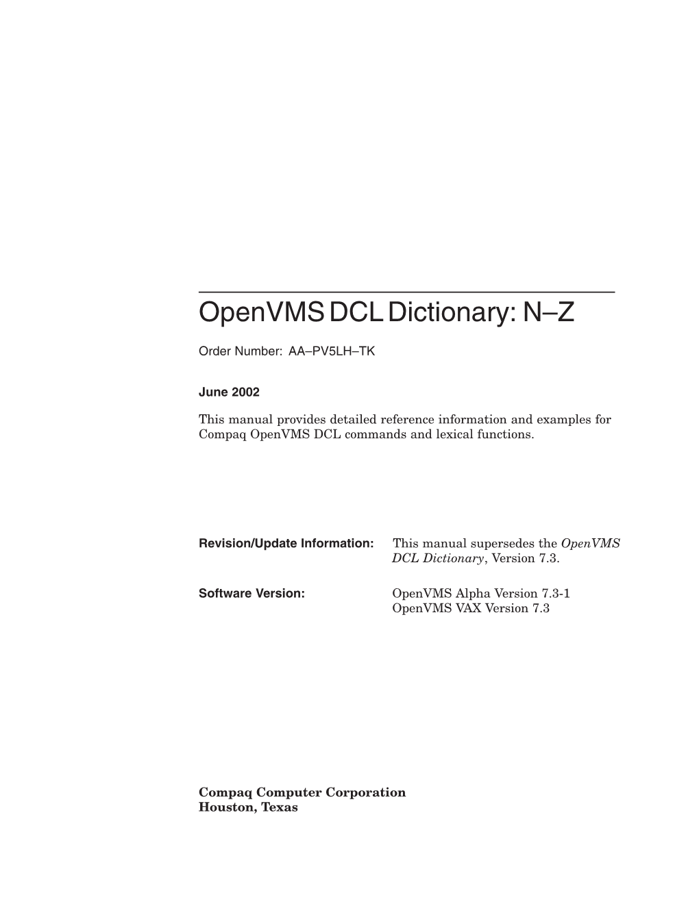 Openvms DCL Dictionary: N–Z