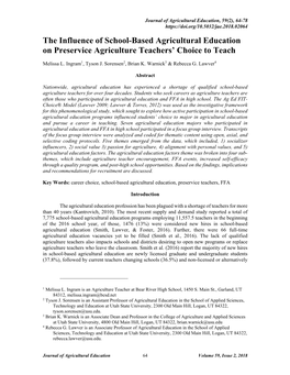 The Influence of School-Based Agricultural Education on Preservice Agriculture Teachers’ Choice to Teach