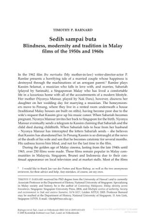 Sedih Sampai Buta Blindness, Modernity and Tradition in Malay ﬁlms of the 1950S and 1960S