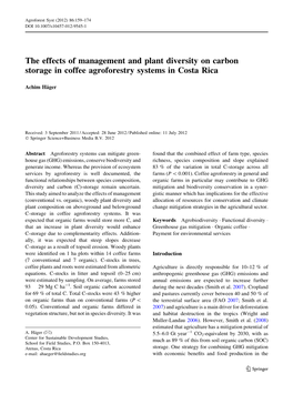The Effects of Management and Plant Diversity on Carbon Storage in Coffee Agroforestry Systems in Costa Rica