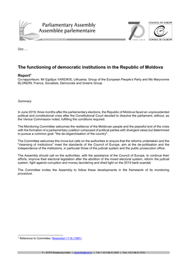The Functioning of Democratic Institutions in the Republic of Moldova