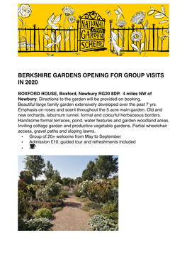 Berkshire Gardens Opening for Group Visits in 2020