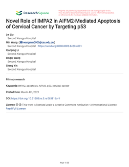 Novel Role of IMPA2 in AIFM2-Mediated Apoptosis of Cervical Cancer by Targeting P53