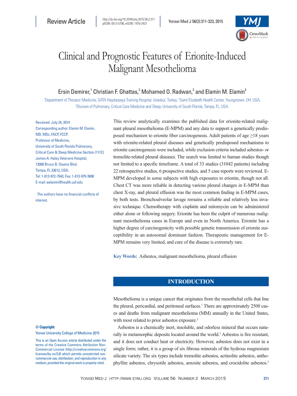 Clinical and Prognostic Features of Erionite-Induced Malignant Mesothelioma