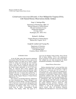 Cylindroiulus Truncorum (Silvestri): a New Milliped for Virginia (USA), with Natural History Observations (Julida: Julidae)