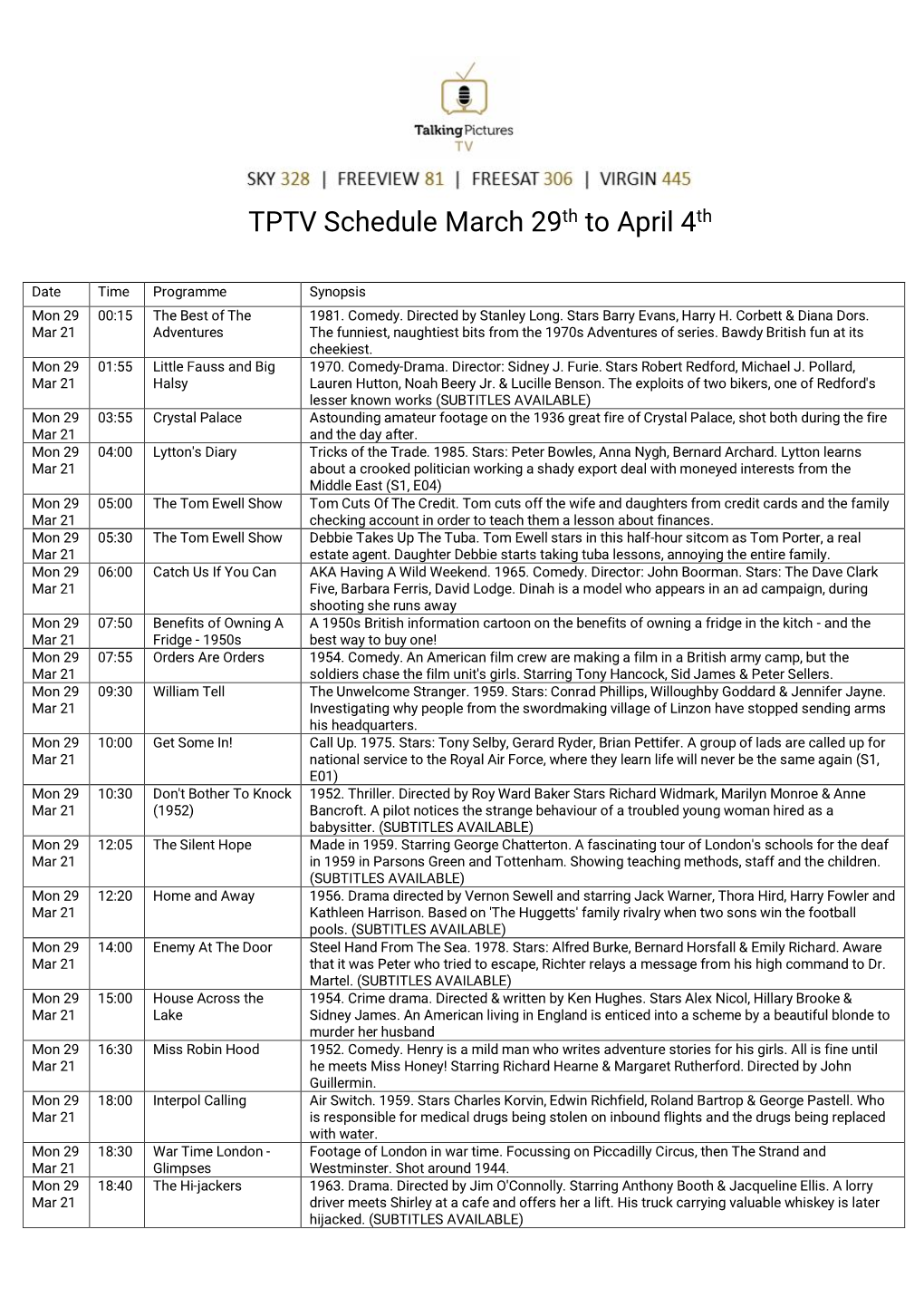 TPTV Schedule March 29Th to April 4Th