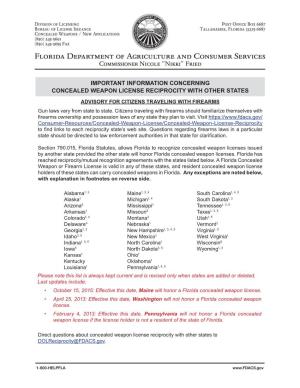 List of States Recognizing Florida's Concealed Weapon License