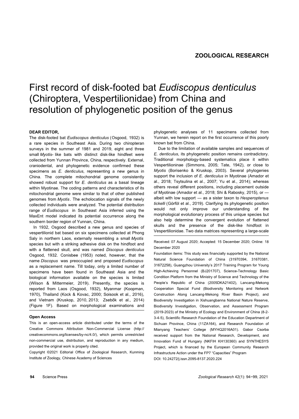 First Record of Disk-Footed Bat Eudiscopus Denticulus (Chiroptera, Vespertilionidae) from China and Resolution of Phylogenetic Position of the Genus