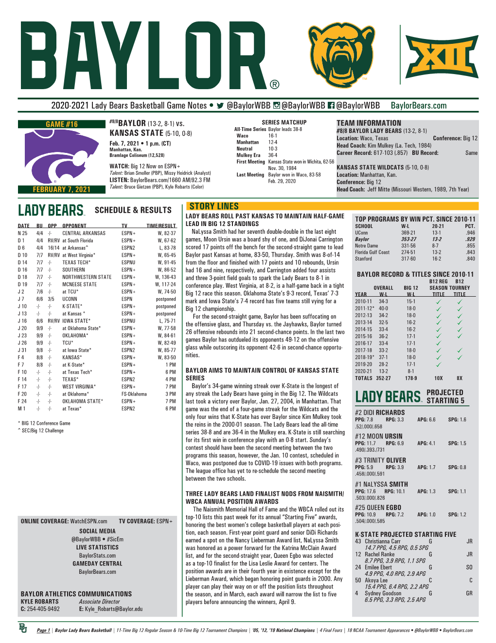 2020-2021 Lady Bears Basketball Game Notes • @Baylorwbb @Baylorwbb @Baylorwbb Baylorbears.Com