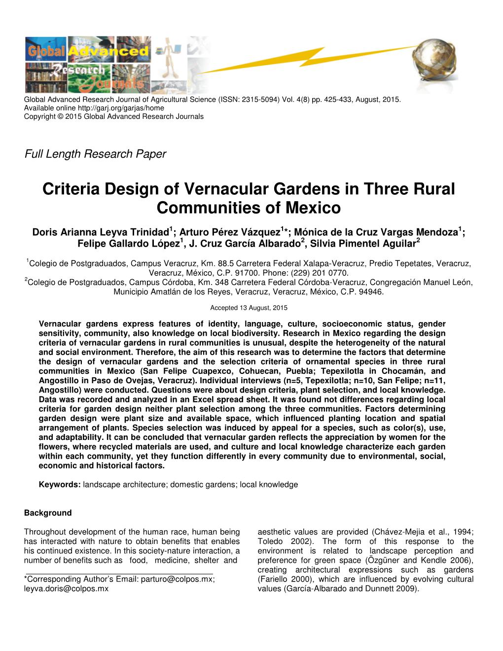 Criteria Design of Vernacular Gardens in Three Rural Communities of Mexico