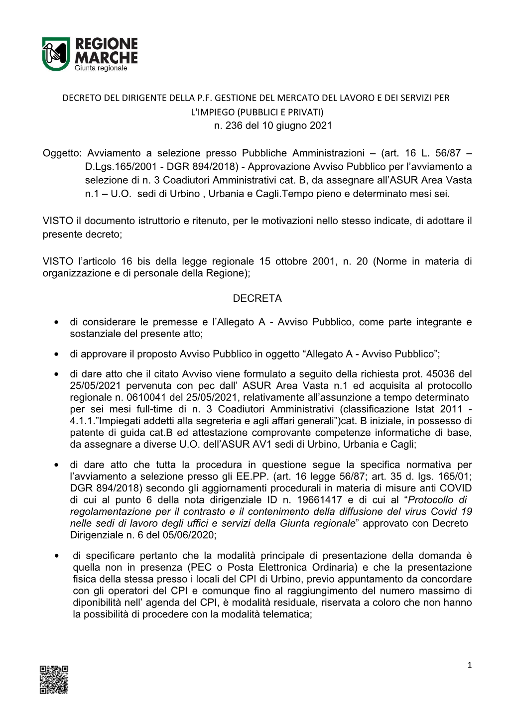 Decreto N 236 Del 10 Giugno 2021 Approvazione Avviso Pubblico