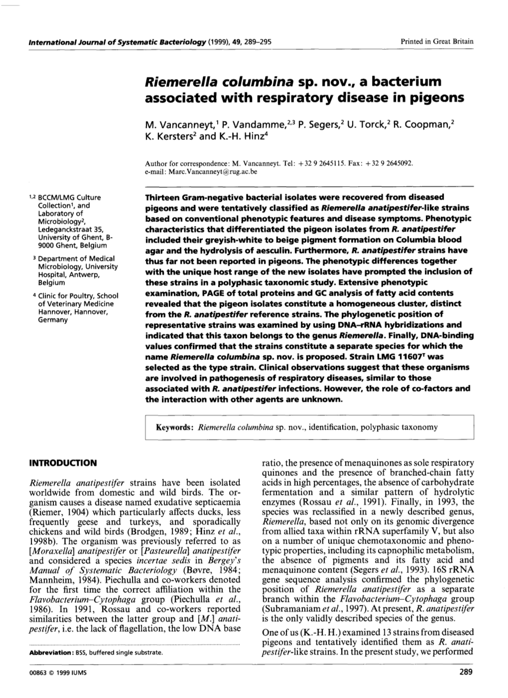 Riemerella Cohmbina Sp. Nov., a Bacterium Associated with Respiratory Disease in Pigeons