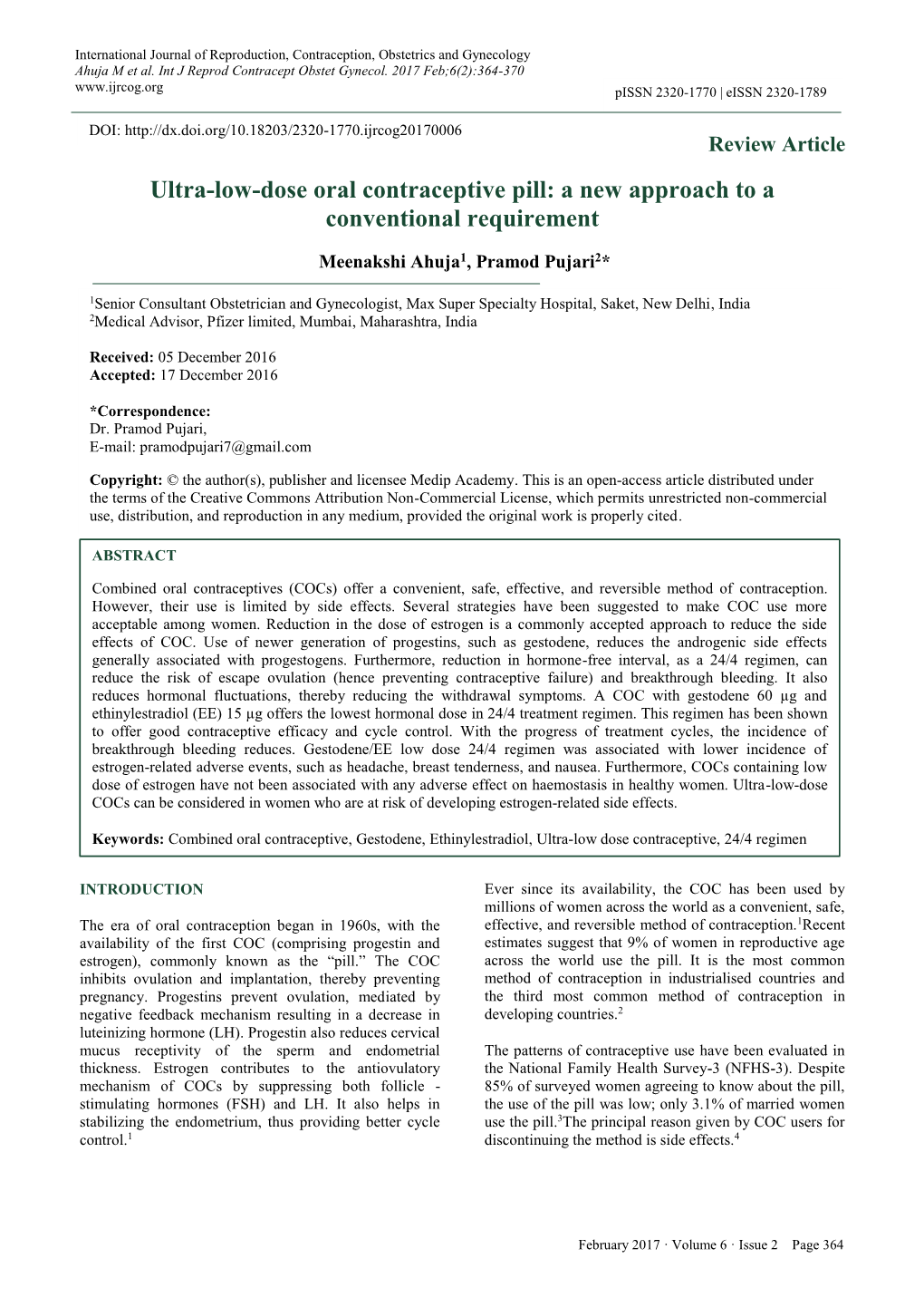 Ultra-Low-Dose Oral Contraceptive Pill: a New Approach to a Conventional Requirement