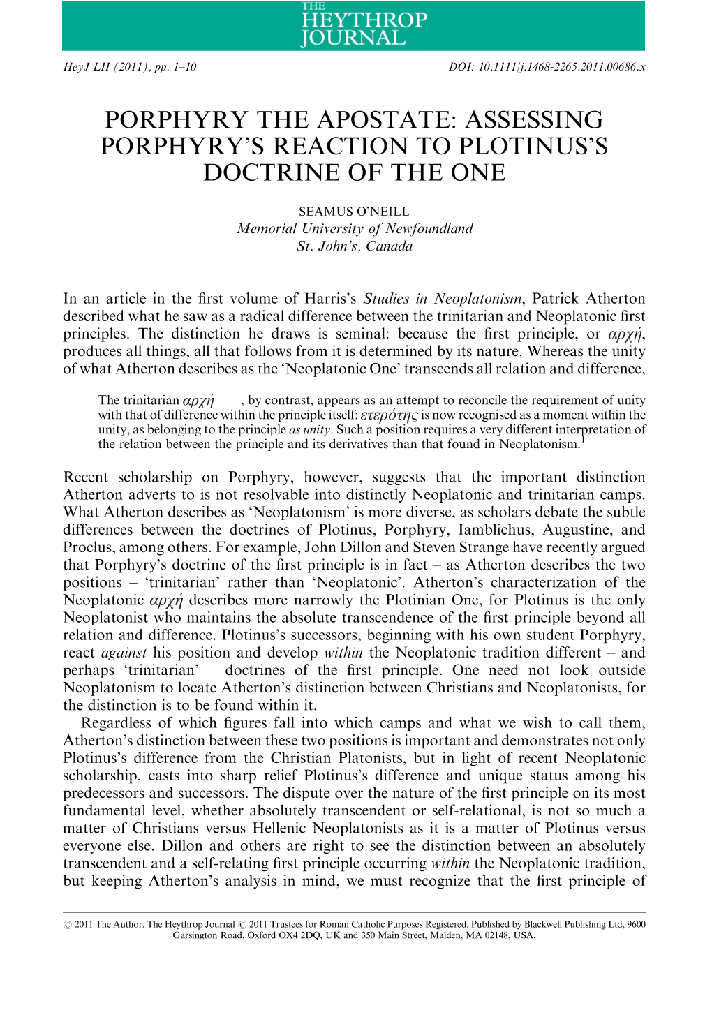 Assessing Porphyry's Reaction to Plotinus's Doctrine of The