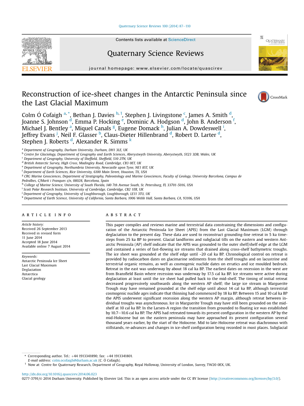 Reconstruction of Ice-Sheet Changes in the Antarctic Peninsula Since the Last Glacial Maximum � * Colm O Cofaigh A, , Bethan J