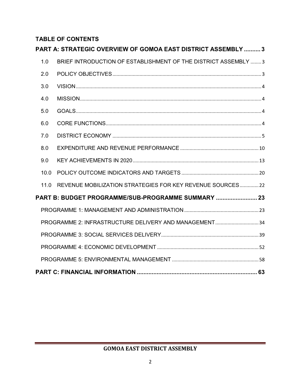 Gomoa East District Assembly Table of Contents Part A