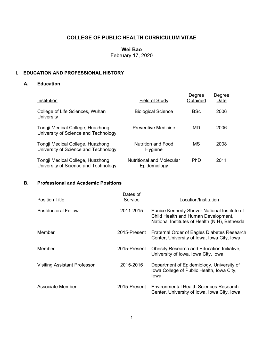 COLLEGE of PUBLIC HEALTH CURRICULUM VITAE Wei Bao