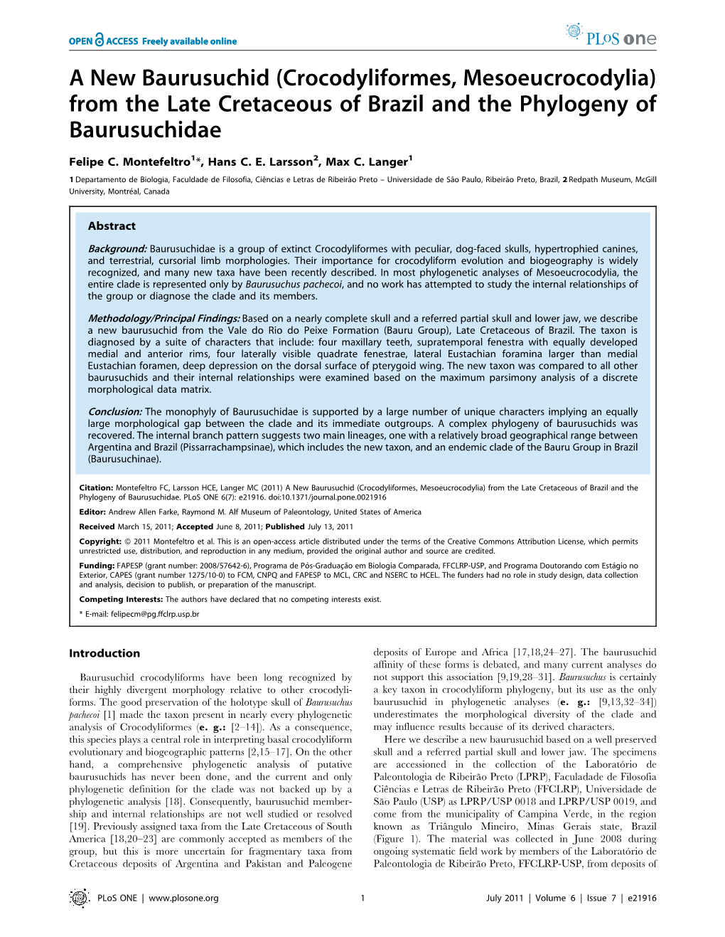 From the Late Cretaceous of Brazil and the Phylogeny of Baurusuchidae