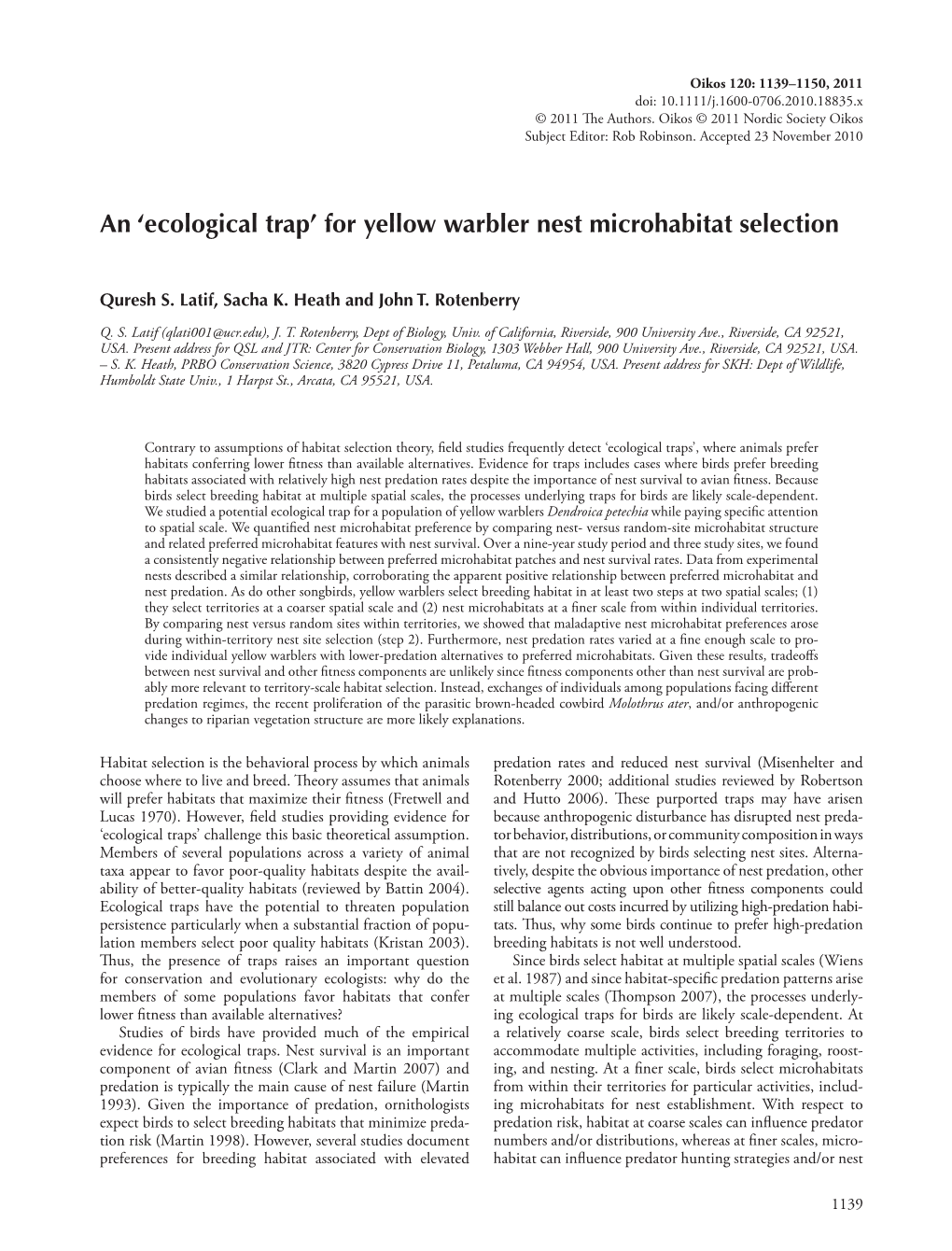 An 'Ecological Trap' for Yellow Warbler Nest Microhabitat Selection