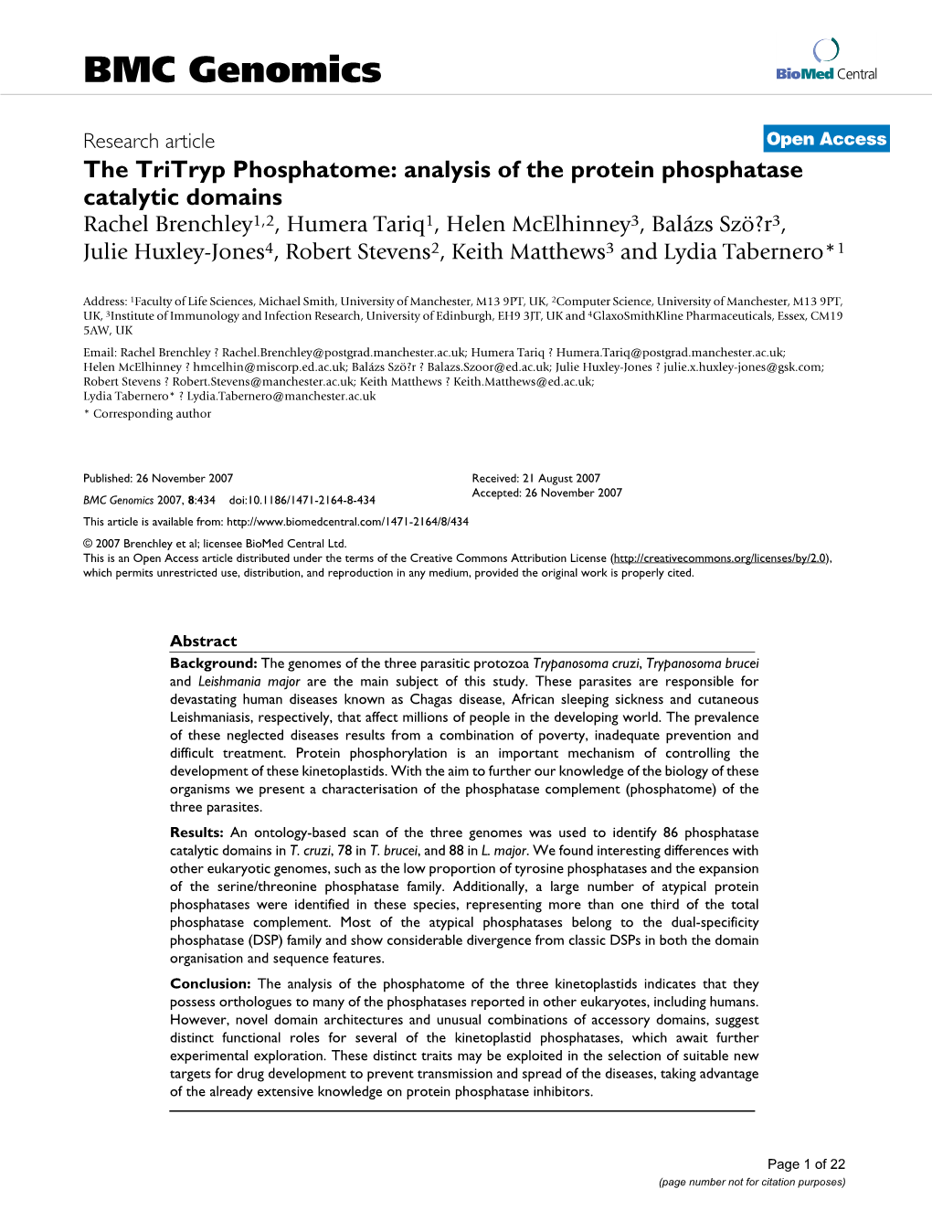 The Tritryp Phosphatome: Analysis of the Protein Phosphatase Catalytic