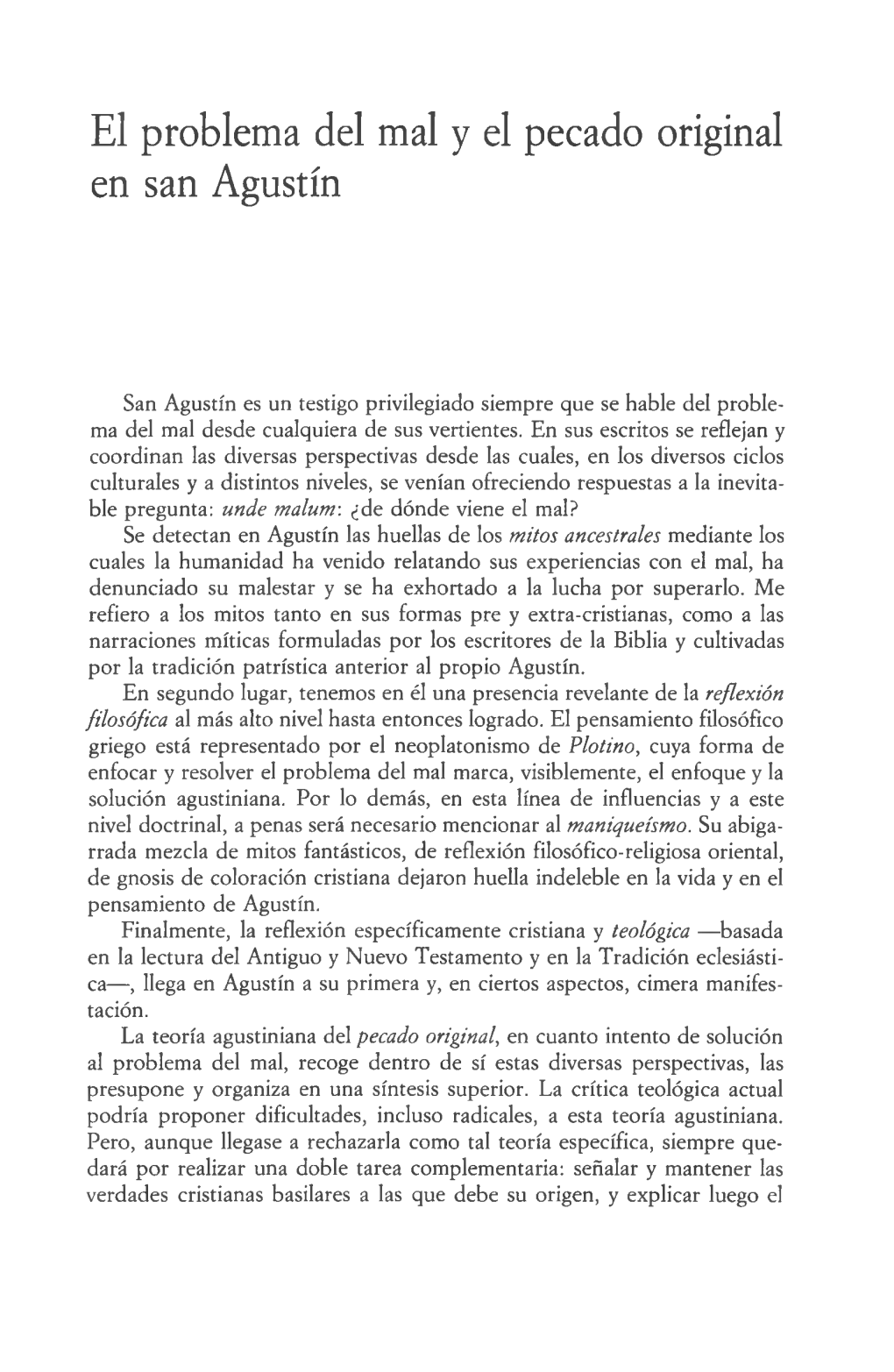 El Problema Del Mal Y El Pecado Original En San Agustín