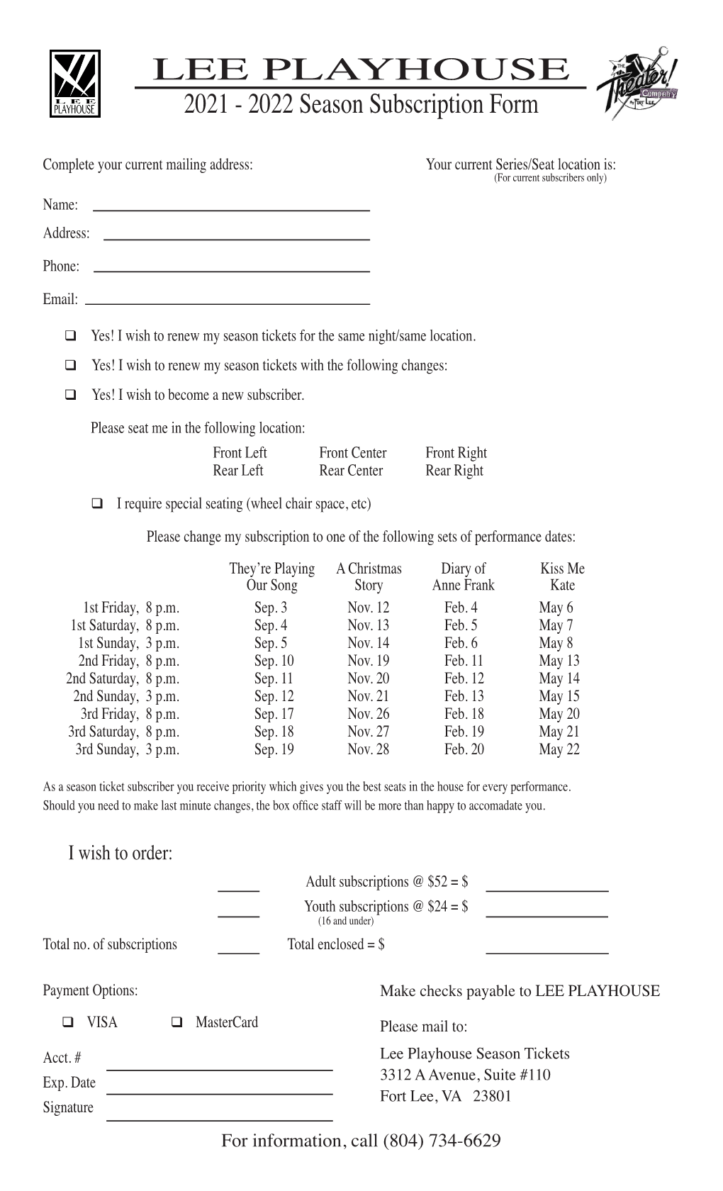 LEE PLAYHOUSE 2021 - 2022 Season Subscription Form