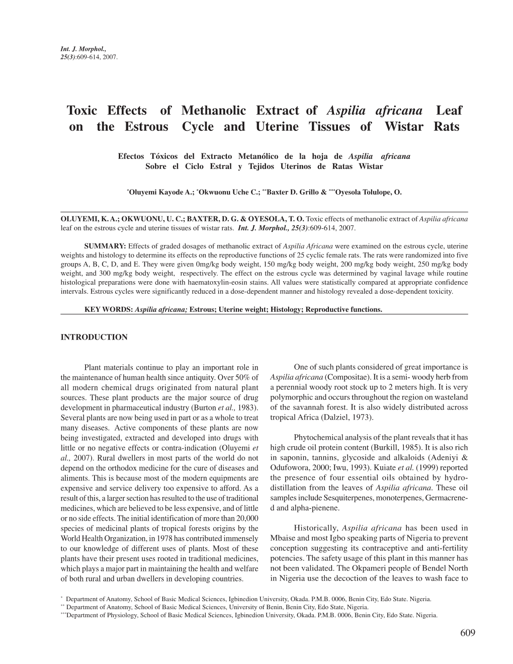 Toxic Effects of Methanolic Extract of Aspilia Africana Leaf on the Estrous Cycle and Uterine Tissues of Wistar Rats