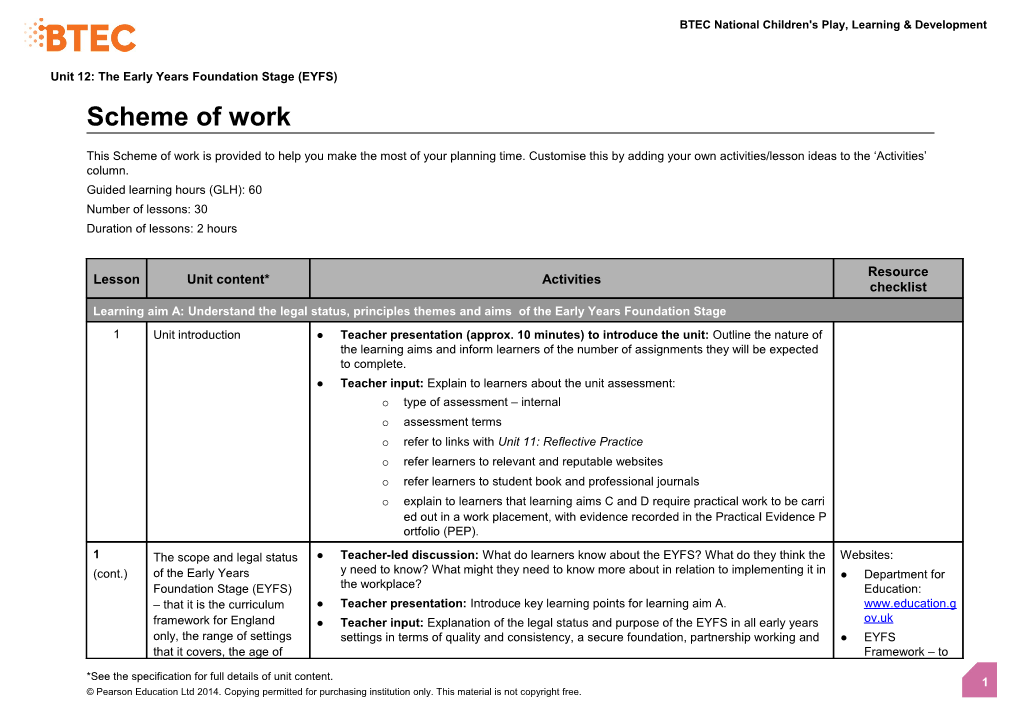 Unit 12: the Early Years Foundation Stage (EYFS) - Scheme of Work (Version 1 Sept 14)