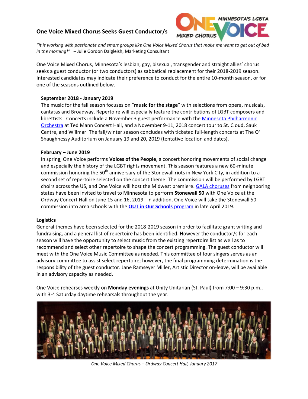One Voice Mixed Chorus Seeks Guest Conductor/S