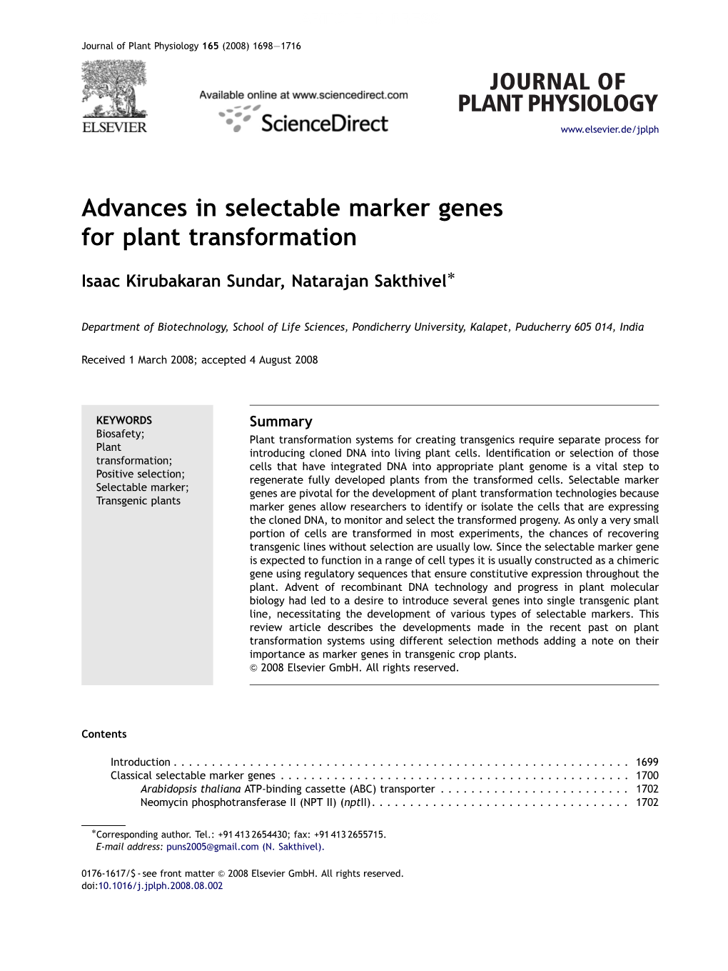 Advances in Selectable Marker Genes for Plant Transformation