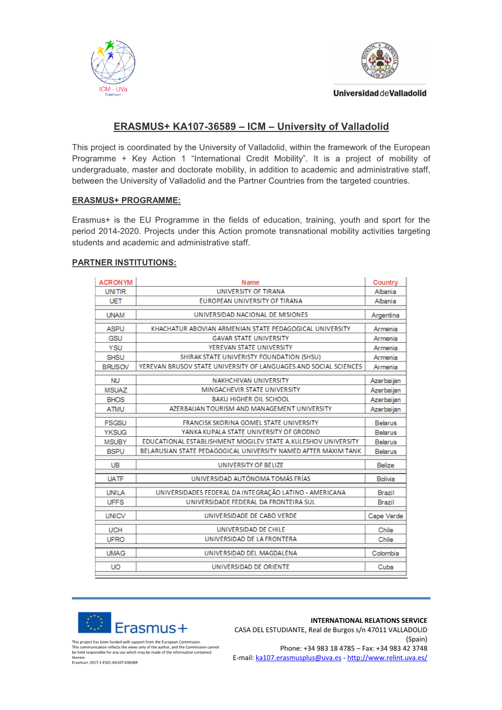 ERASMUS+ KA107-36589 – ICM – University of Valladolid