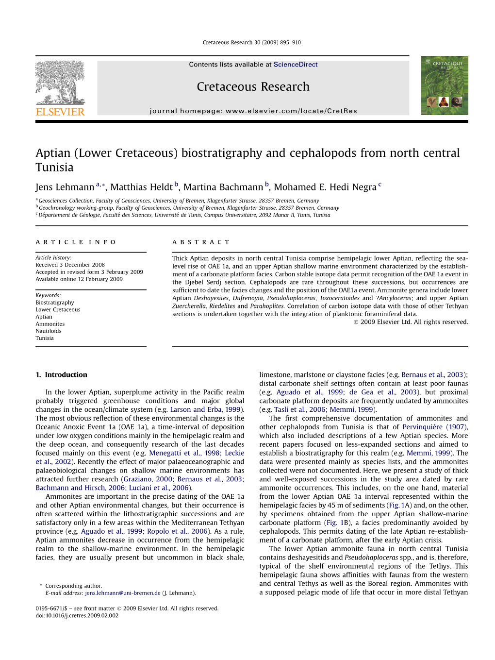 Aptian (Lower Cretaceous) Biostratigraphy and Cephalopods from North Central Tunisia