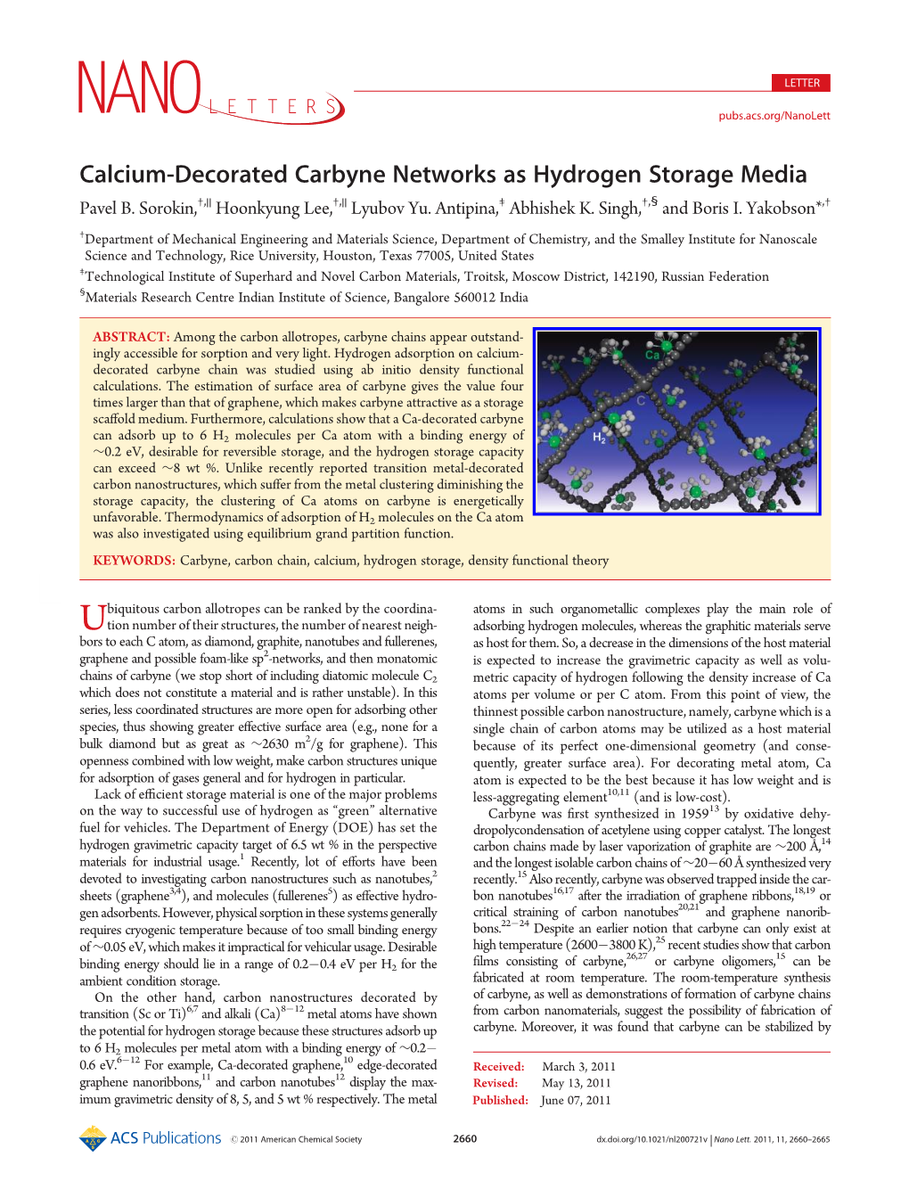 Calcium-Decorated Carbyne Networks As Hydrogen Storage Media † || † || ‡ † § † Pavel B