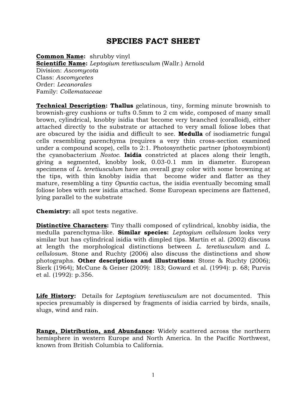 Leptogium Teretiusculum Species Fact Sheet