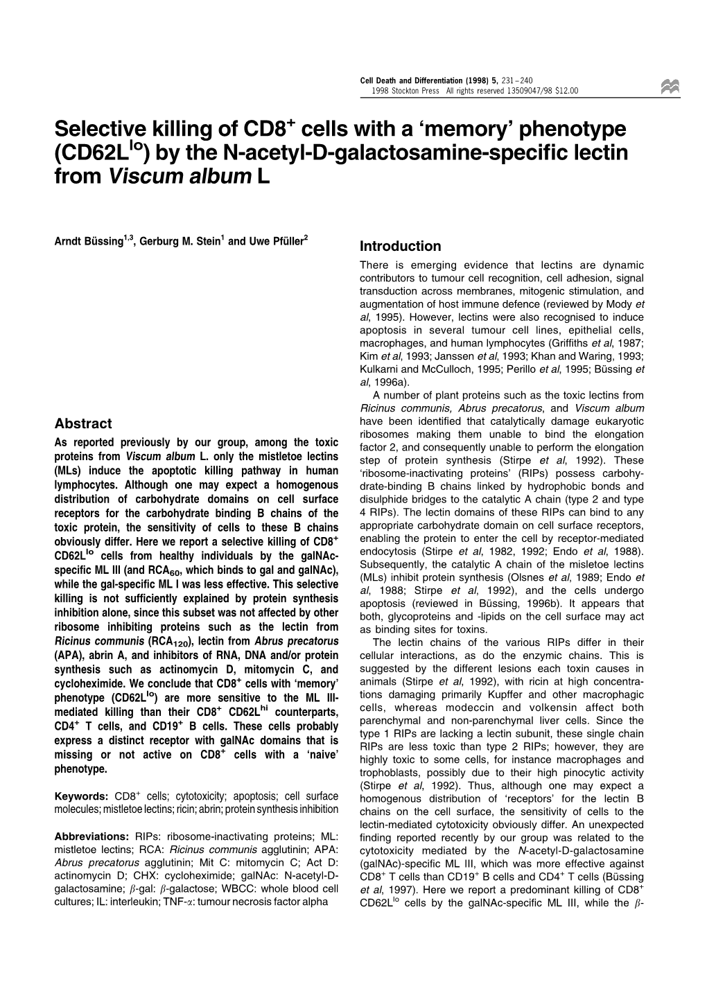 Selective Killing of CD8+ Cells with a `Memory' Phenotype (Cd62llo) by the N-Acetyl-D-Galactosamine-Speci®C Lectin from Viscum Album L