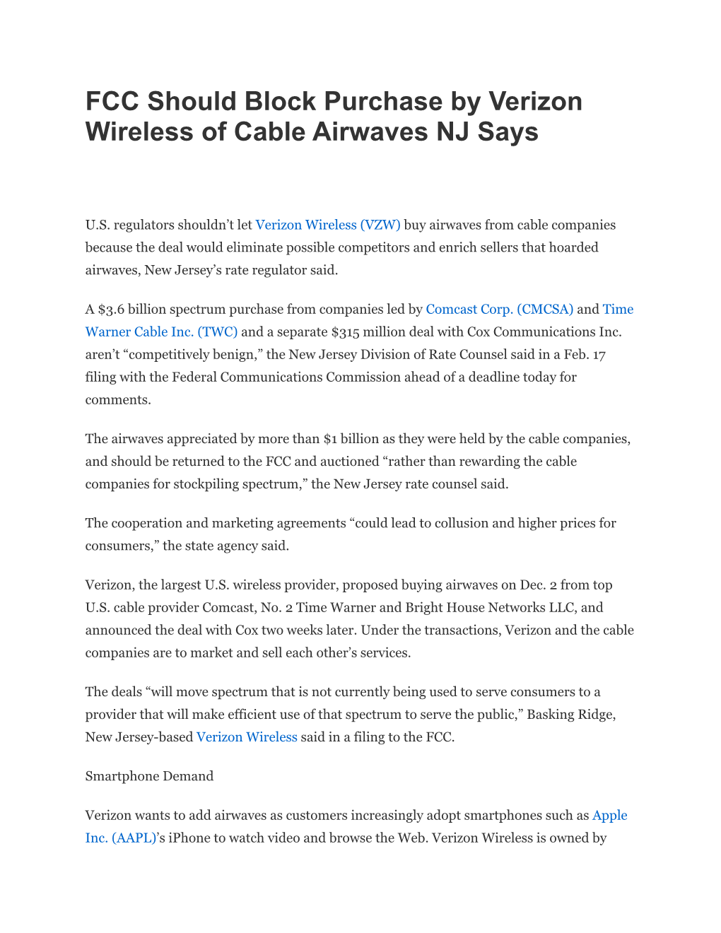 FCC Should Block Purchase by Verizon Wireless of Cable Airwaves NJ Says