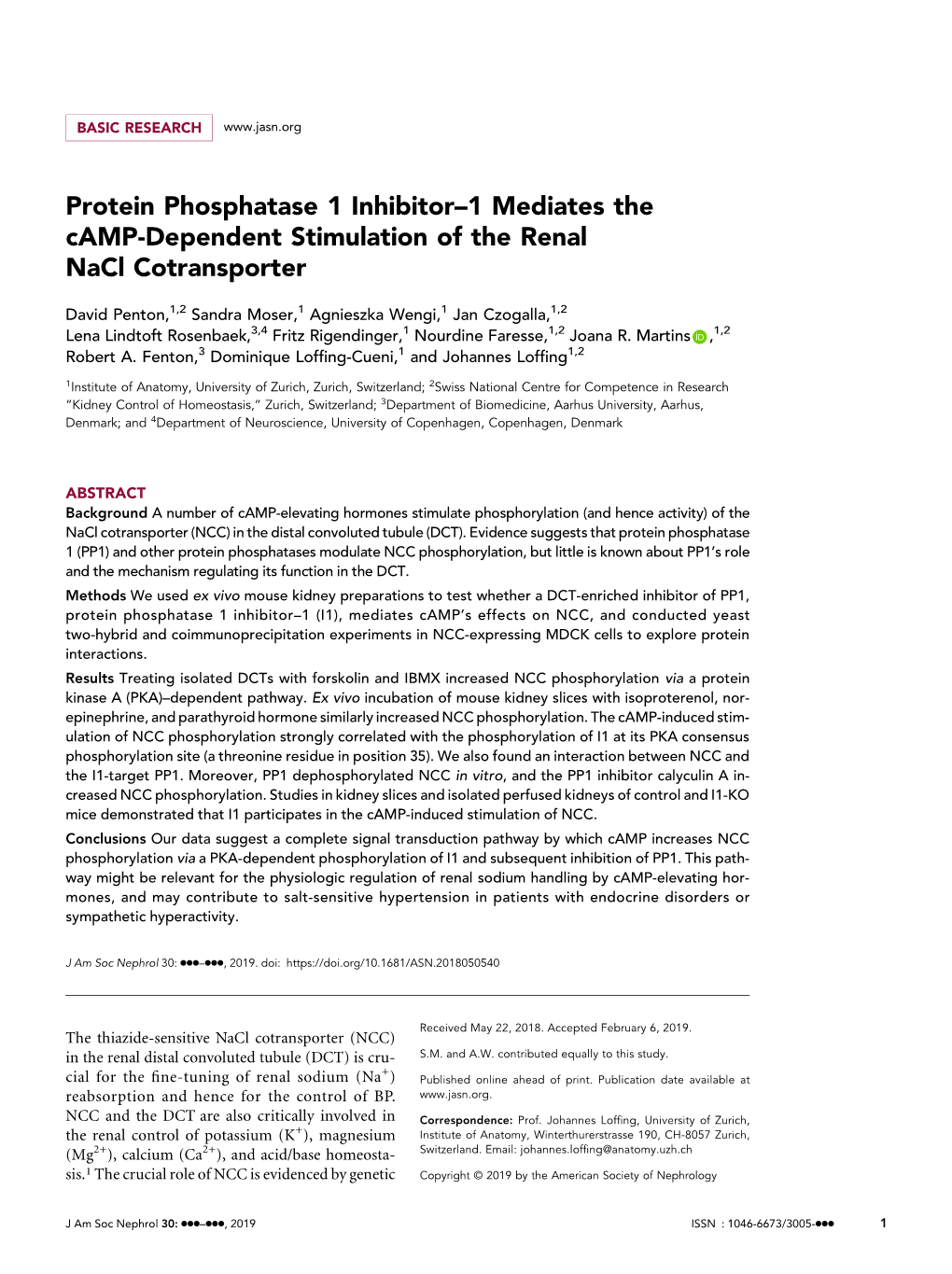 Protein Phosphatase 1 Inhibitor–1 Mediates the Camp-Dependent Stimulation of the Renal Nacl Cotransporter