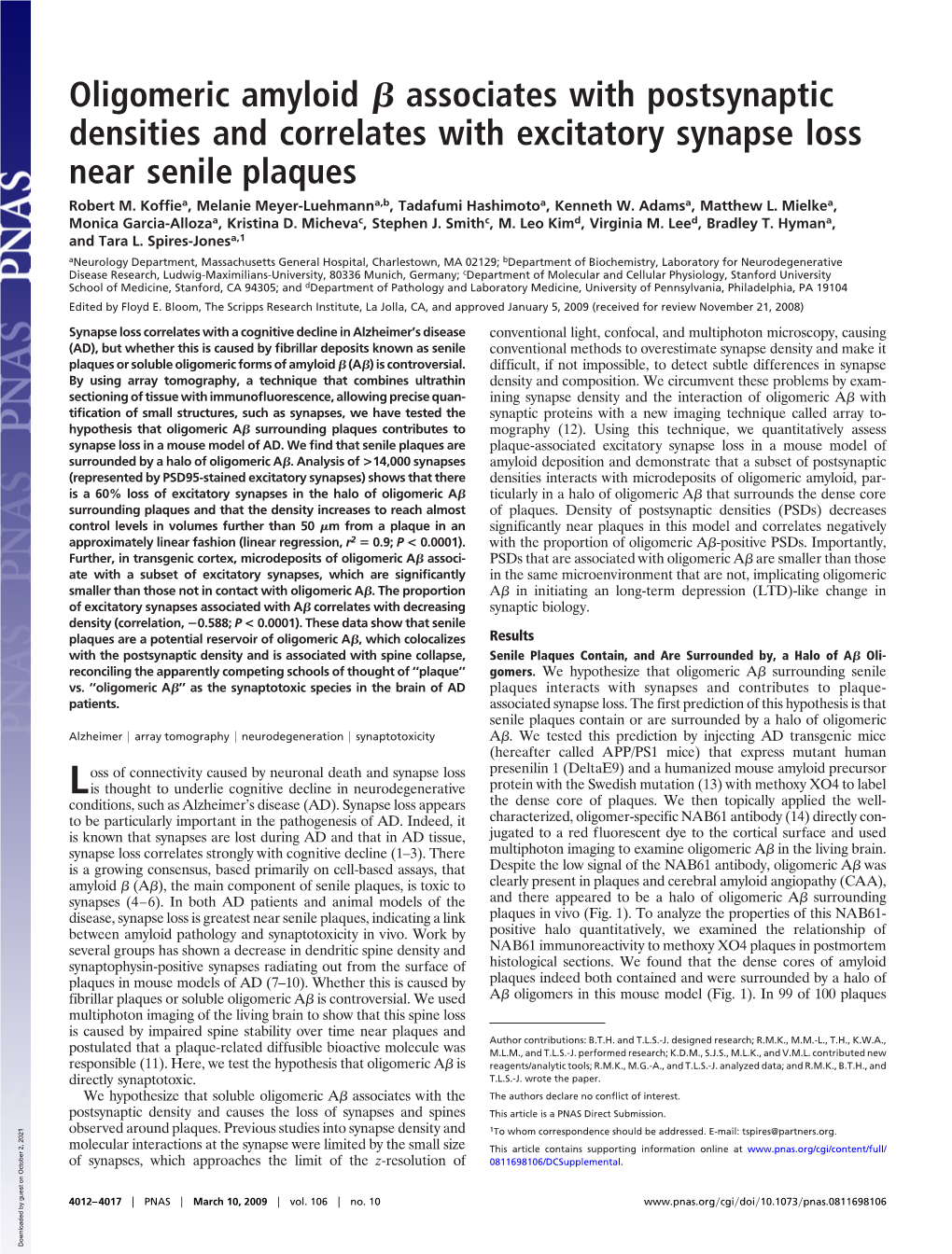 Oligomeric Amyloid Associates with Postsynaptic Densities And