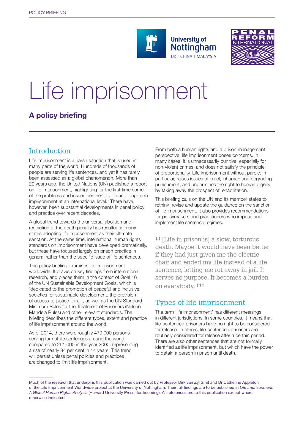 A Policy Briefing on Life Imprisonment POLICY BRIEFING