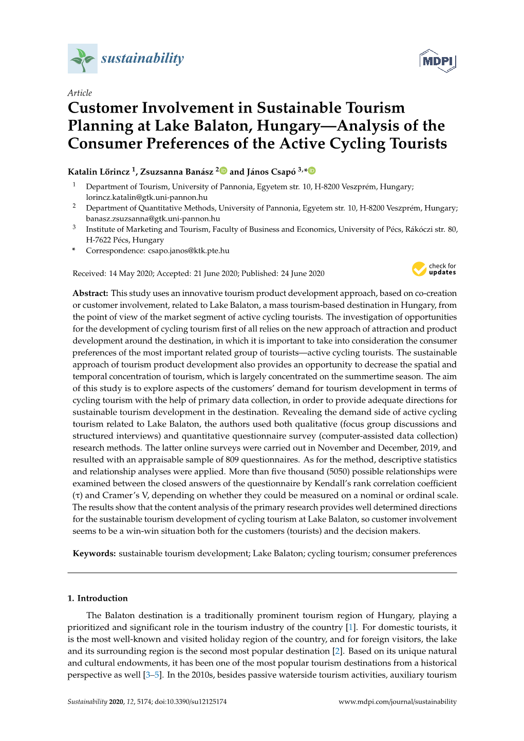 Customer Involvement in Sustainable Tourism Planning at Lake Balaton, Hungary—Analysis of the Consumer Preferences of the Active Cycling Tourists