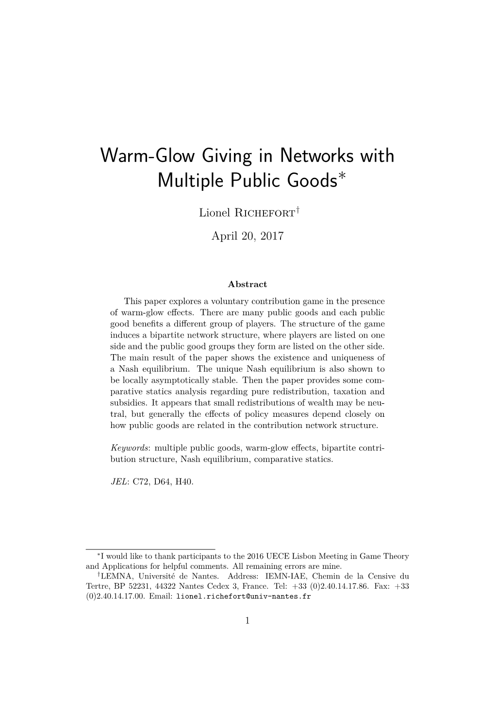 Warm-Glow Giving in Networks with Multiple Public Goods∗