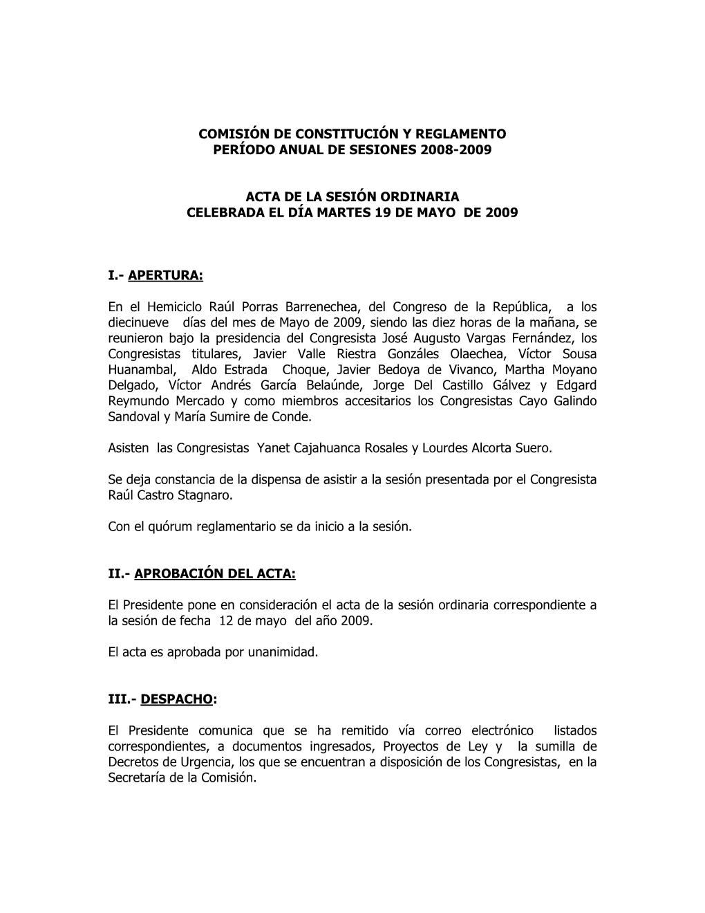 Comisiìn De Constituciìn Y Reglamento Perèodo Anual De Sesiones 2008-2009