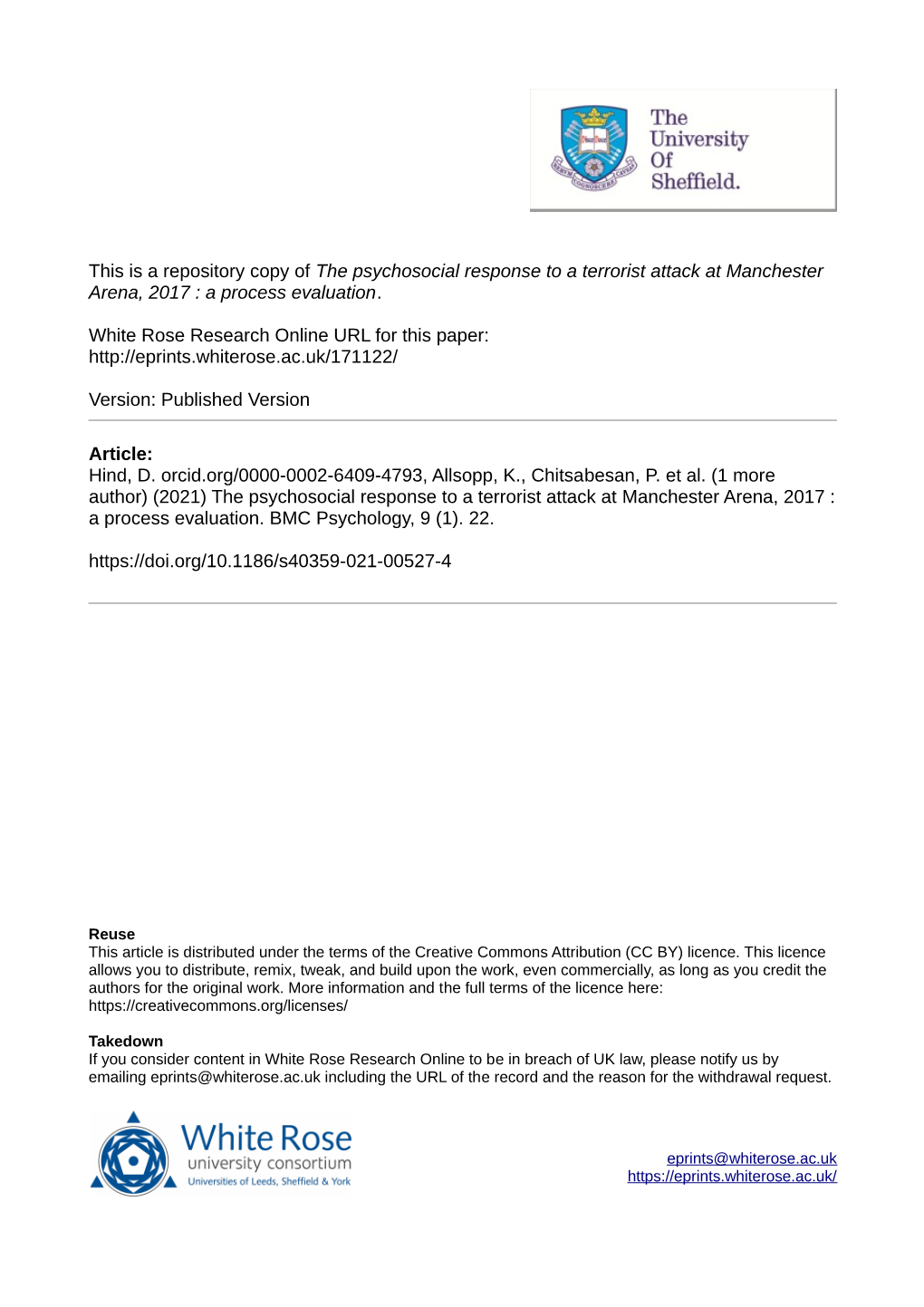 The Psychosocial Response to a Terrorist Attack at Manchester Arena, 2017 : a Process Evaluation