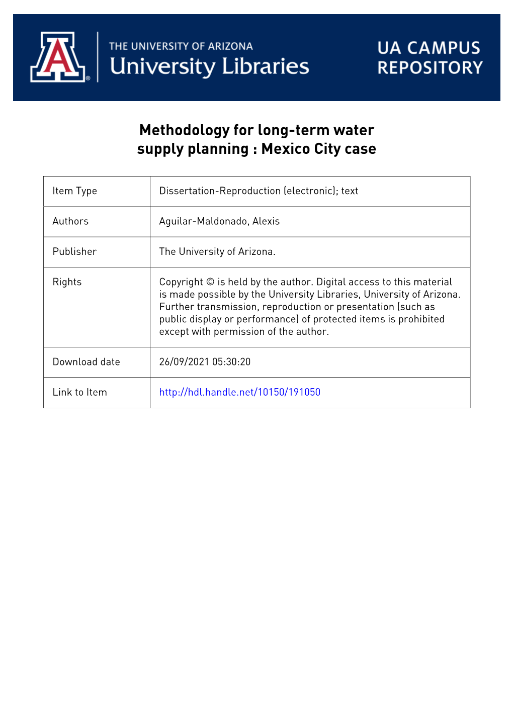 Methodology for Long-Term Water Supply Planning : Mexico City Case