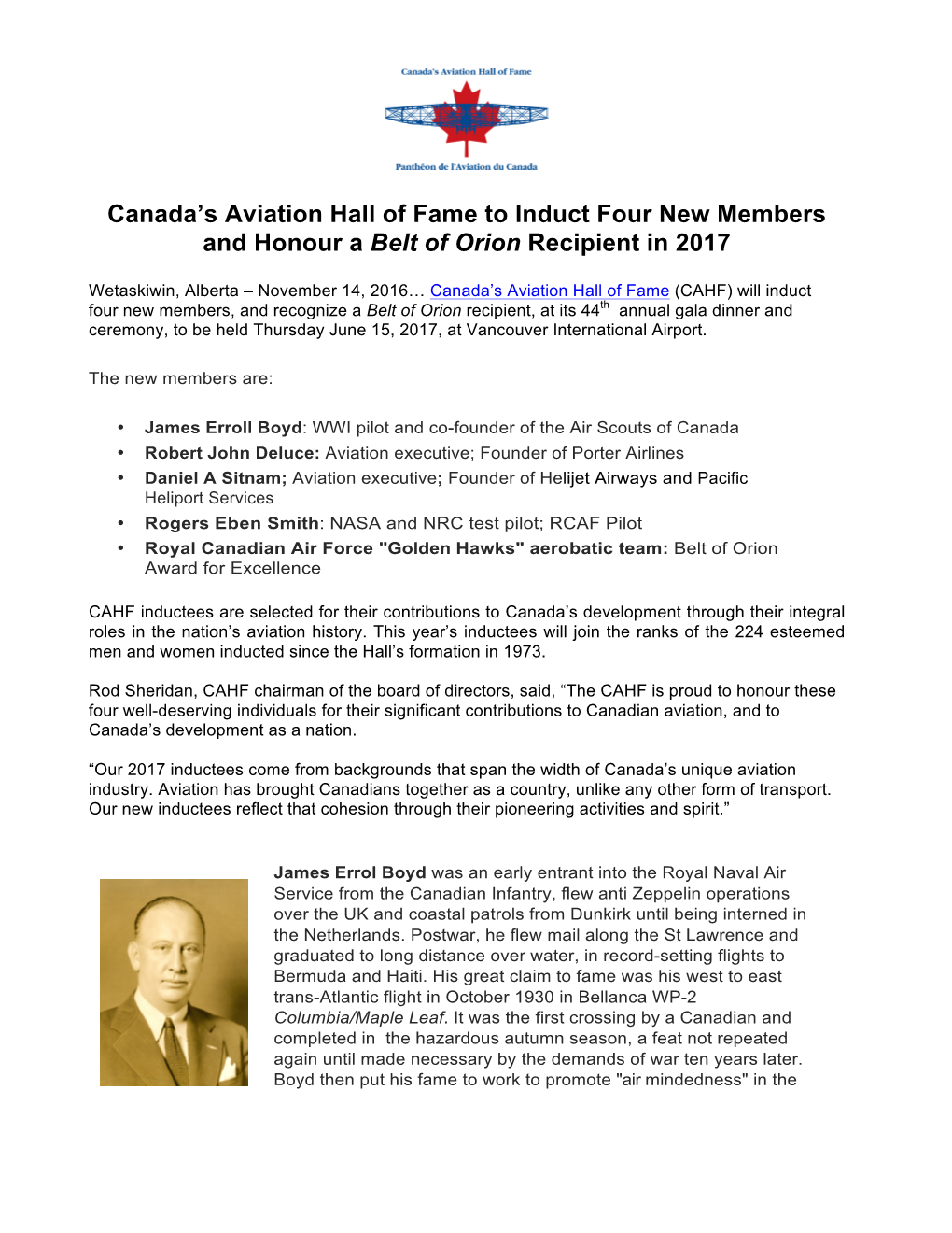 Canada's Aviation Hall of Fame to Induct Four New Members And