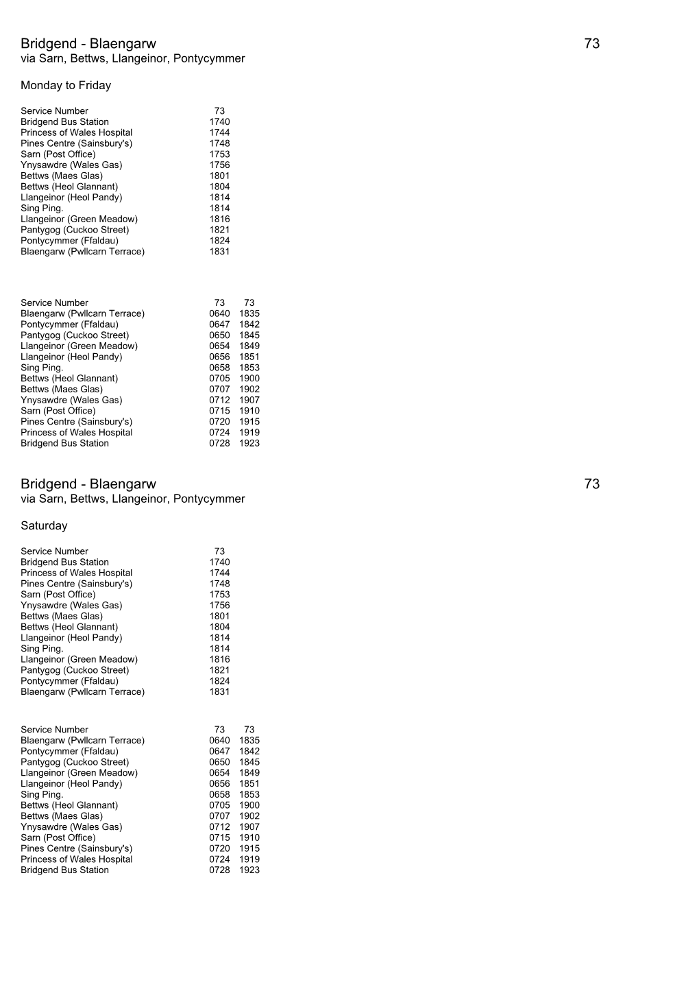 Bridgend - Blaengarw 73 Via Sarn, Bettws, Llangeinor, Pontycymmer