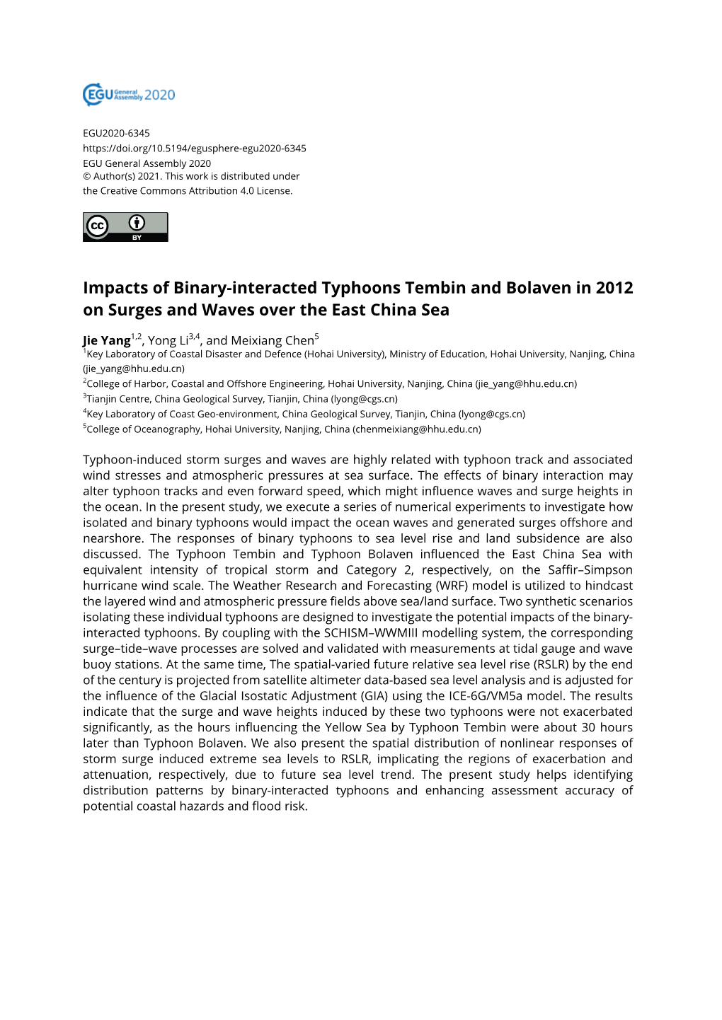 Impacts of Binary-Interacted Typhoons Tembin and Bolaven in 2012 on Surges and Waves Over the East China Sea