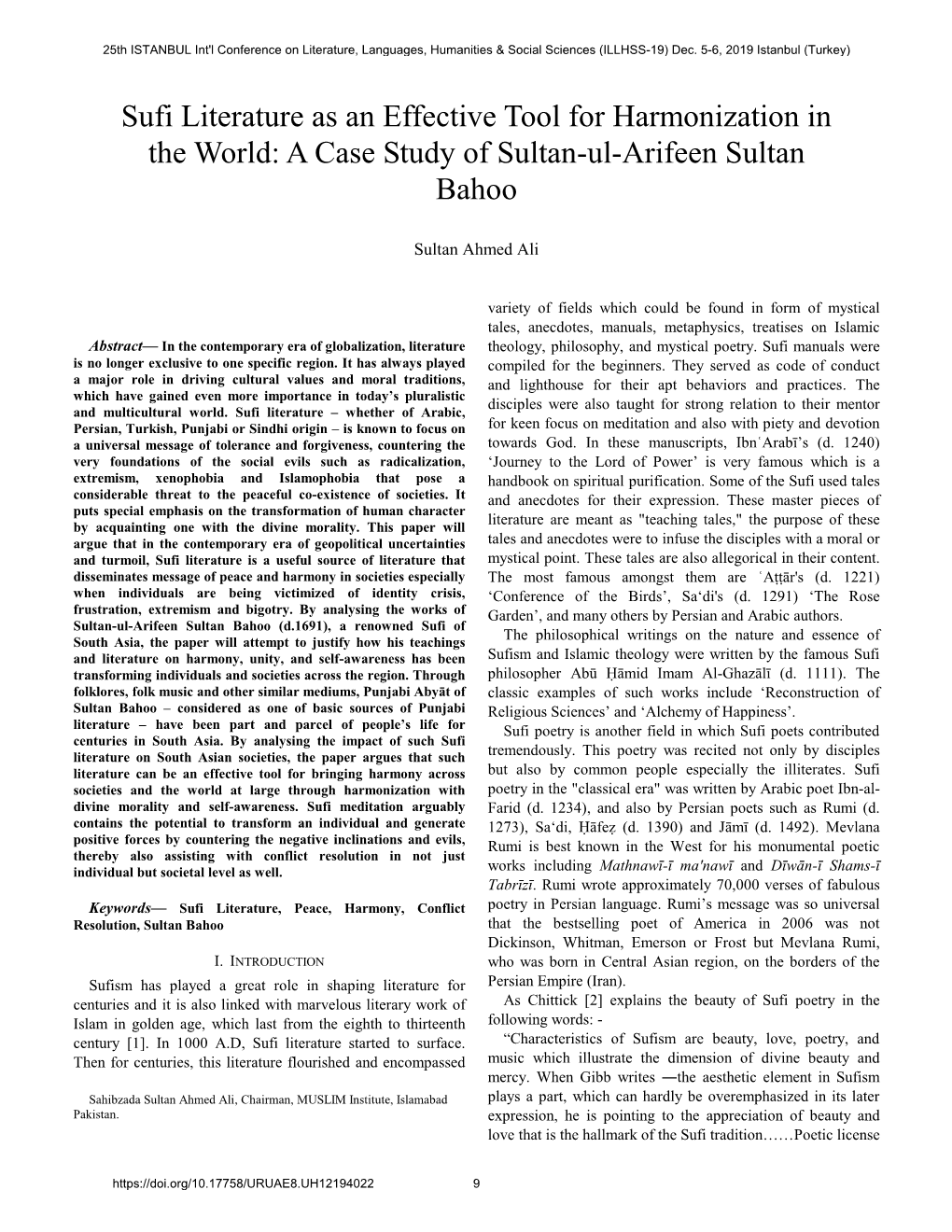 Sufi Literature As an Effective Tool for Harmonization in the World: a Case Study of Sultan-Ul-Arifeen Sultan Bahoo