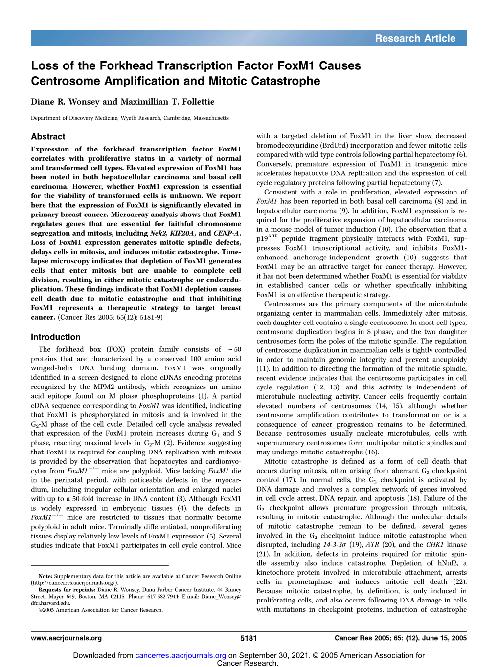 Loss of the Forkhead Transcription Factor Foxm1 Causes Centrosome Amplification and Mitotic Catastrophe